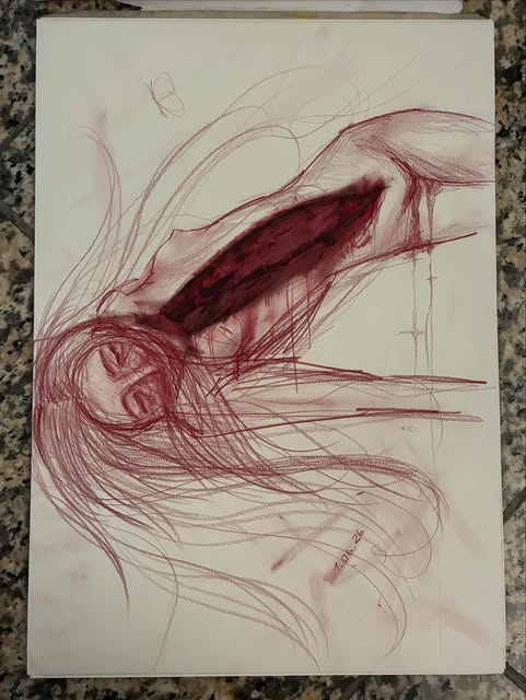 Expressive rote Skizze eines Kopfes mit langem Haar auf hellem Papier